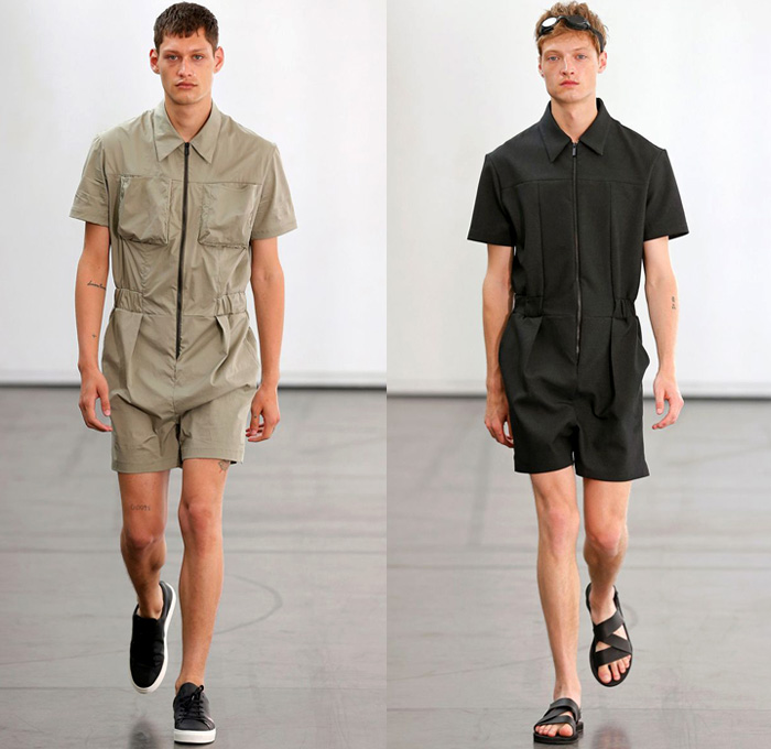 Hugo Costa 2018 Spring Summer Mens Runway Catwalk Looks - Combishorts Romper Onesie Cargo Pockets Khaki Yellow Zipper Cinch Drawstring Layers Shirt Cutout Slashed Ripped Tie Up Outerwear Coat Jacket Blazer Hood Sweatshirt Sweater Jumper Bomber Jacket Tapered Baggy Trousers Shorts Over Pants Sandals Trainers Goggles Sneakers