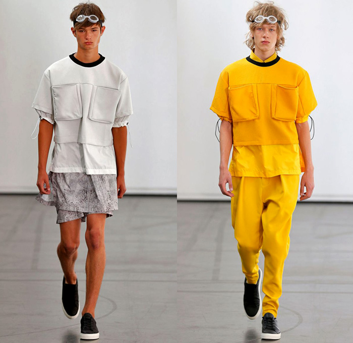 Hugo Costa 2018 Spring Summer Mens Runway Catwalk Looks - Combishorts Romper Onesie Cargo Pockets Khaki Yellow Zipper Cinch Drawstring Layers Shirt Cutout Slashed Ripped Tie Up Outerwear Coat Jacket Blazer Hood Sweatshirt Sweater Jumper Bomber Jacket Tapered Baggy Trousers Shorts Over Pants Sandals Trainers Goggles Sneakers