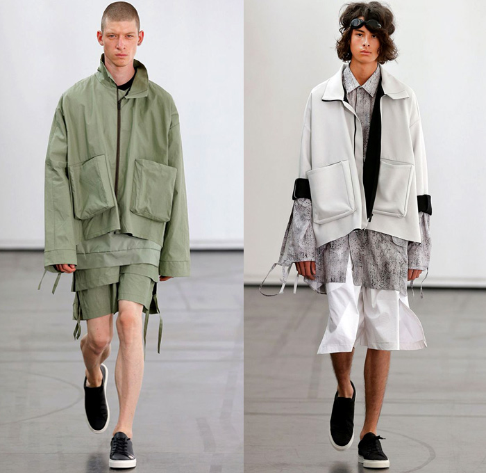 Hugo Costa 2018 Spring Summer Mens Runway Catwalk Looks - Combishorts Romper Onesie Cargo Pockets Khaki Yellow Zipper Cinch Drawstring Layers Shirt Cutout Slashed Ripped Tie Up Outerwear Coat Jacket Blazer Hood Sweatshirt Sweater Jumper Bomber Jacket Tapered Baggy Trousers Shorts Over Pants Sandals Trainers Goggles Sneakers