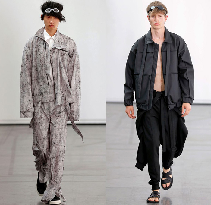 Hugo Costa 2018 Spring Summer Mens Runway Catwalk Looks - Combishorts Romper Onesie Cargo Pockets Khaki Yellow Zipper Cinch Drawstring Layers Shirt Cutout Slashed Ripped Tie Up Outerwear Coat Jacket Blazer Hood Sweatshirt Sweater Jumper Bomber Jacket Tapered Baggy Trousers Shorts Over Pants Sandals Trainers Goggles Sneakers