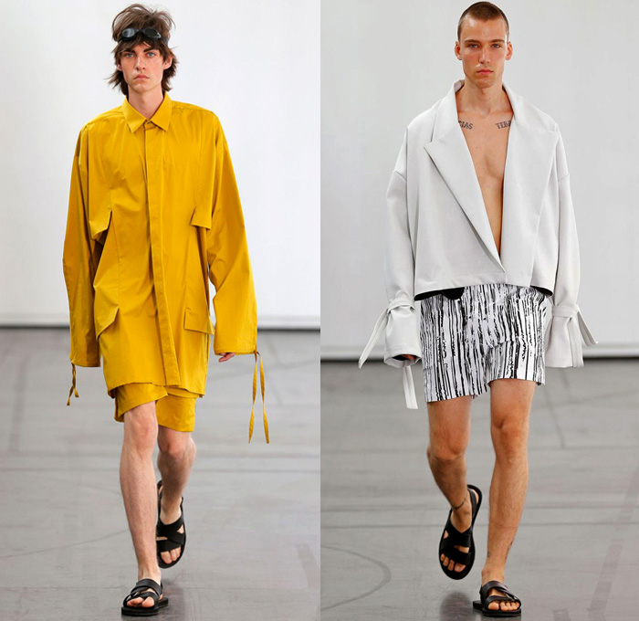 Hugo Costa 2018 Spring Summer Mens Runway Catwalk Looks - Combishorts Romper Onesie Cargo Pockets Khaki Yellow Zipper Cinch Drawstring Layers Shirt Cutout Slashed Ripped Tie Up Outerwear Coat Jacket Blazer Hood Sweatshirt Sweater Jumper Bomber Jacket Tapered Baggy Trousers Shorts Over Pants Sandals Trainers Goggles Sneakers