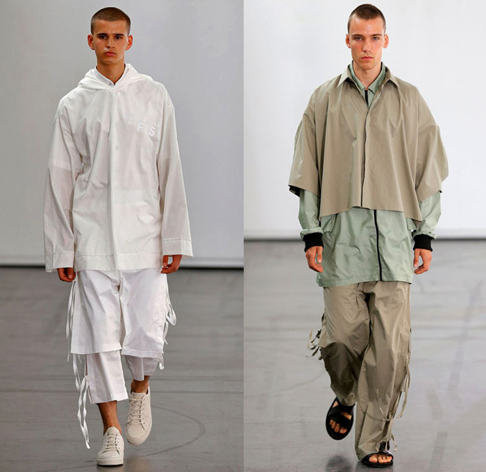 Hugo Costa 2018 Spring Summer Mens Runway Catwalk Looks - Combishorts Romper Onesie Cargo Pockets Khaki Yellow Zipper Cinch Drawstring Layers Shirt Cutout Slashed Ripped Tie Up Outerwear Coat Jacket Blazer Hood Sweatshirt Sweater Jumper Bomber Jacket Tapered Baggy Trousers Shorts Over Pants Sandals Trainers Goggles Sneakers