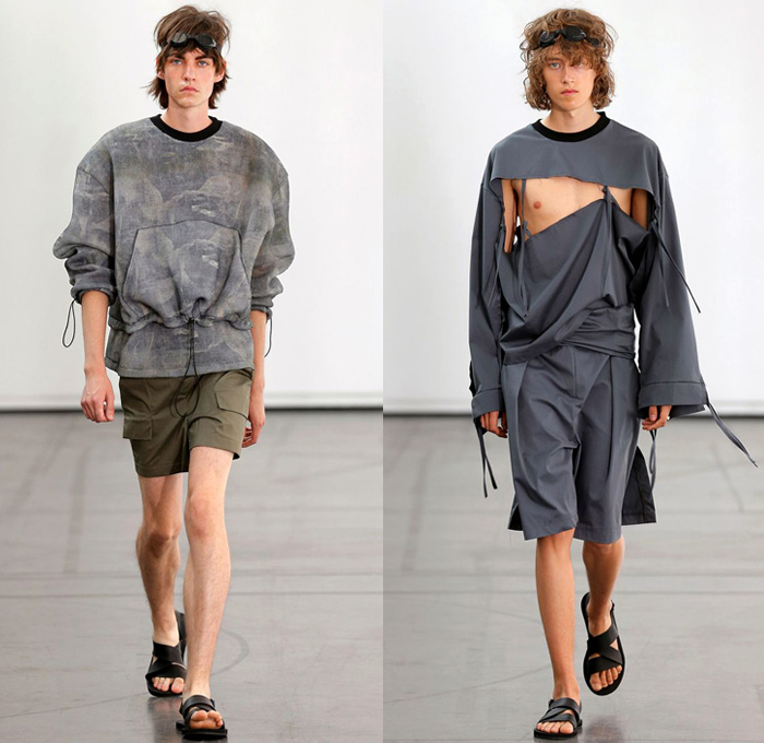 Hugo Costa 2018 Spring Summer Mens Runway Catwalk Looks - Combishorts Romper Onesie Cargo Pockets Khaki Yellow Zipper Cinch Drawstring Layers Shirt Cutout Slashed Ripped Tie Up Outerwear Coat Jacket Blazer Hood Sweatshirt Sweater Jumper Bomber Jacket Tapered Baggy Trousers Shorts Over Pants Sandals Trainers Goggles Sneakers