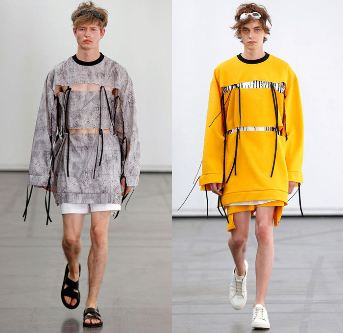 Hugo Costa 2018 Spring Summer Mens Runway Catwalk Looks - Combishorts Romper Onesie Cargo Pockets Khaki Yellow Zipper Cinch Drawstring Layers Shirt Cutout Slashed Ripped Tie Up Outerwear Coat Jacket Blazer Hood Sweatshirt Sweater Jumper Bomber Jacket Tapered Baggy Trousers Shorts Over Pants Sandals Trainers Goggles Sneakers