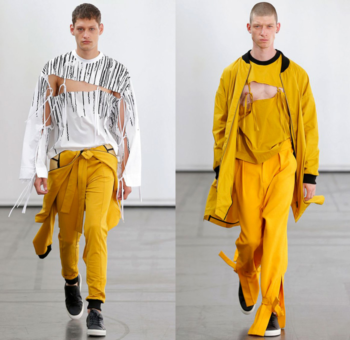 Hugo Costa 2018 Spring Summer Mens Runway Catwalk Looks - Combishorts Romper Onesie Cargo Pockets Khaki Yellow Zipper Cinch Drawstring Layers Shirt Cutout Slashed Ripped Tie Up Outerwear Coat Jacket Blazer Hood Sweatshirt Sweater Jumper Bomber Jacket Tapered Baggy Trousers Shorts Over Pants Sandals Trainers Goggles Sneakers