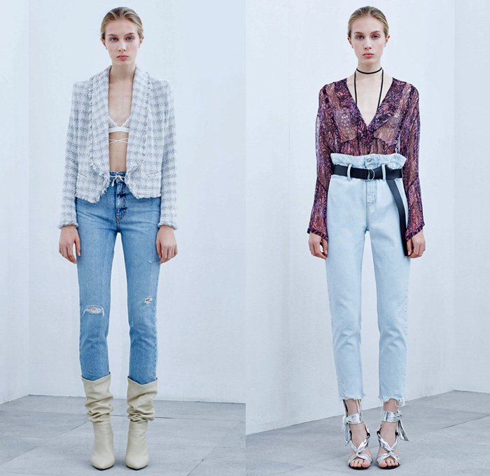 IRO Paris 2018 Spring Summer Womens Lookbook Presentation - Mode à Paris Fashion Week Mode Féminin France - Denim Jeans Shorts Cutoffs Frayed Raw Hem Destroyed Faded Paper Bag Waist Miniskirt Hybrid Combo Panel Jacket Knit Ribbed Bouclé Weave Blazer Long Sleeve Blouse Shirt Tunic Bralette Abstract Tribal Snakeskin Print Tie Up Waist Noodle Strap One Shoulder Sheer Chiffon Organza Lace Needlework Ruffles Embroidery Bedazzled Sequins Lace Up Drawstring Zebra Stripes Pants Trousers Curved Hem Dress Leather Thigh High Boots Straps Heels Pumps Necklace Earrings Bangles