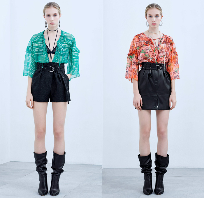 IRO Paris 2018 Spring Summer Womens Lookbook Presentation - Mode à Paris Fashion Week Mode Féminin France - Denim Jeans Shorts Cutoffs Frayed Raw Hem Destroyed Faded Paper Bag Waist Miniskirt Hybrid Combo Panel Jacket Knit Ribbed Bouclé Weave Blazer Long Sleeve Blouse Shirt Tunic Bralette Abstract Tribal Snakeskin Print Tie Up Waist Noodle Strap One Shoulder Sheer Chiffon Organza Lace Needlework Ruffles Embroidery Bedazzled Sequins Lace Up Drawstring Zebra Stripes Pants Trousers Curved Hem Dress Leather Thigh High Boots Straps Heels Pumps Necklace Earrings Bangles