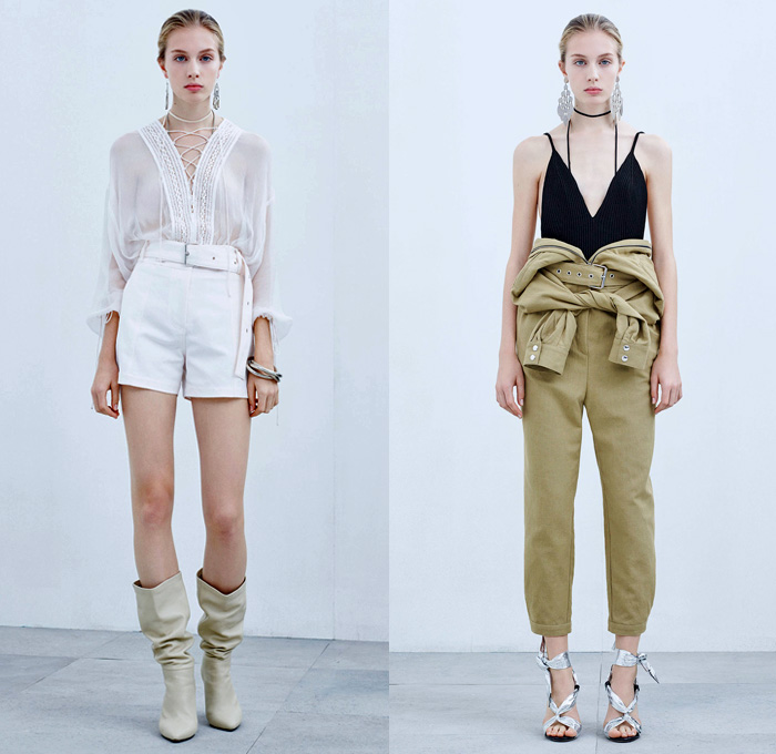 IRO Paris 2018 Spring Summer Womens Lookbook Presentation - Mode à Paris Fashion Week Mode Féminin France - Denim Jeans Shorts Cutoffs Frayed Raw Hem Destroyed Faded Paper Bag Waist Miniskirt Hybrid Combo Panel Jacket Knit Ribbed Bouclé Weave Blazer Long Sleeve Blouse Shirt Tunic Bralette Abstract Tribal Snakeskin Print Tie Up Waist Noodle Strap One Shoulder Sheer Chiffon Organza Lace Needlework Ruffles Embroidery Bedazzled Sequins Lace Up Drawstring Zebra Stripes Pants Trousers Curved Hem Dress Leather Thigh High Boots Straps Heels Pumps Necklace Earrings Bangles