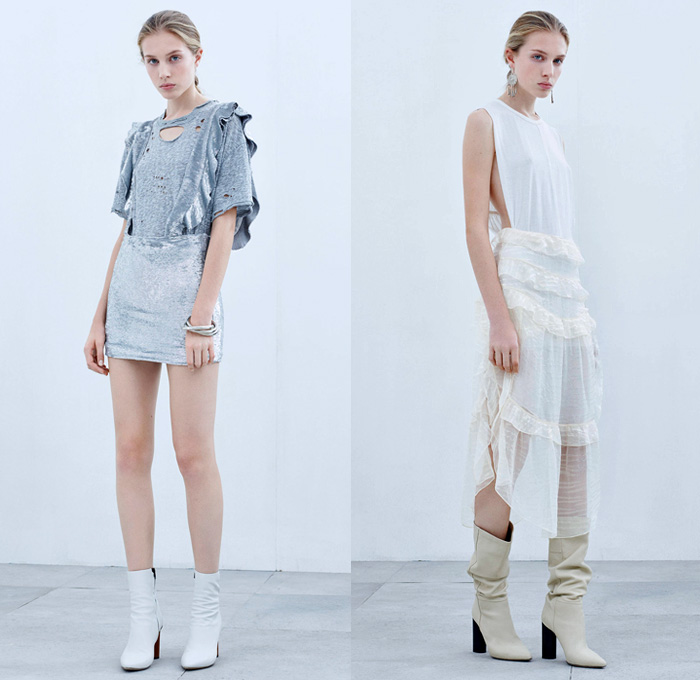 IRO Paris 2018 Spring Summer Womens Lookbook Presentation - Mode à Paris Fashion Week Mode Féminin France - Denim Jeans Shorts Cutoffs Frayed Raw Hem Destroyed Faded Paper Bag Waist Miniskirt Hybrid Combo Panel Jacket Knit Ribbed Bouclé Weave Blazer Long Sleeve Blouse Shirt Tunic Bralette Abstract Tribal Snakeskin Print Tie Up Waist Noodle Strap One Shoulder Sheer Chiffon Organza Lace Needlework Ruffles Embroidery Bedazzled Sequins Lace Up Drawstring Zebra Stripes Pants Trousers Curved Hem Dress Leather Thigh High Boots Straps Heels Pumps Necklace Earrings Bangles
