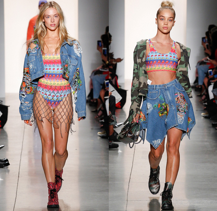 Jeremy Scott 2018 Spring Summer Womens Runway Catwalk Looks - New York Fashion Week NYFW - Paranoia Alien Rings Cartoons Denim Jeans Destroyed Holes Motorcycle Leather Biker Jacket Lace Up Armor Shirtdress Sweaterdress Neon Mesh Fishnet Chain Crop Top Midriff Camouflage Sweatshirt Gemstones Bedazzled Jewels Sequins Metallic Sheer Tulle Cones Ruffles Straps Knot Waist One Shoulder Bodycon Dress Hotpants Gladiator Boots Knee Pads Patches Tights Snakeskin Handbag Tote Barrel Bag Backpack Choker