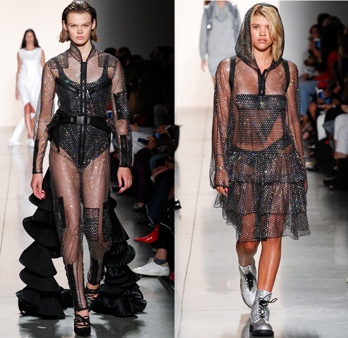 Jeremy Scott 2018 Spring Summer Womens Runway Catwalk Looks - New York Fashion Week NYFW - Paranoia Alien Rings Cartoons Denim Jeans Destroyed Holes Motorcycle Leather Biker Jacket Lace Up Armor Shirtdress Sweaterdress Neon Mesh Fishnet Chain Crop Top Midriff Camouflage Sweatshirt Gemstones Bedazzled Jewels Sequins Metallic Sheer Tulle Cones Ruffles Straps Knot Waist One Shoulder Bodycon Dress Hotpants Gladiator Boots Knee Pads Patches Tights Snakeskin Handbag Tote Barrel Bag Backpack Choker