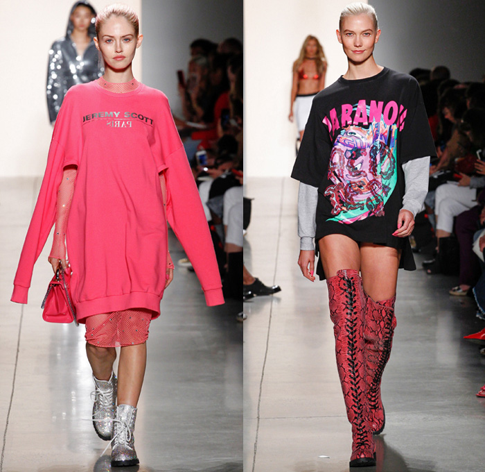 Jeremy Scott 2018 Spring Summer Womens Runway Catwalk Looks - New York Fashion Week NYFW - Paranoia Alien Rings Cartoons Denim Jeans Destroyed Holes Motorcycle Leather Biker Jacket Lace Up Armor Shirtdress Sweaterdress Neon Mesh Fishnet Chain Crop Top Midriff Camouflage Sweatshirt Gemstones Bedazzled Jewels Sequins Metallic Sheer Tulle Cones Ruffles Straps Knot Waist One Shoulder Bodycon Dress Hotpants Gladiator Boots Knee Pads Patches Tights Snakeskin Handbag Tote Barrel Bag Backpack Choker