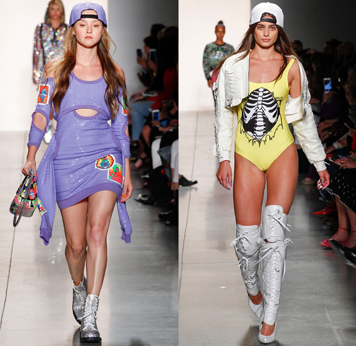 Jeremy Scott 2018 Spring Summer Womens Runway Catwalk Looks - New York Fashion Week NYFW - Paranoia Alien Rings Cartoons Denim Jeans Destroyed Holes Motorcycle Leather Biker Jacket Lace Up Armor Shirtdress Sweaterdress Neon Mesh Fishnet Chain Crop Top Midriff Camouflage Sweatshirt Gemstones Bedazzled Jewels Sequins Metallic Sheer Tulle Cones Ruffles Straps Knot Waist One Shoulder Bodycon Dress Hotpants Gladiator Boots Knee Pads Patches Tights Snakeskin Handbag Tote Barrel Bag Backpack Choker