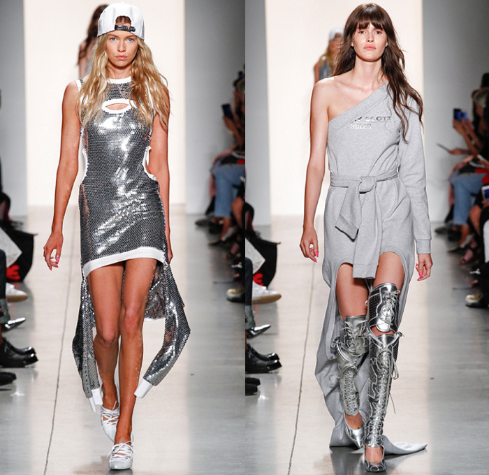 Jeremy Scott 2018 Spring Summer Womens Runway Catwalk Looks - New York Fashion Week NYFW - Paranoia Alien Rings Cartoons Denim Jeans Destroyed Holes Motorcycle Leather Biker Jacket Lace Up Armor Shirtdress Sweaterdress Neon Mesh Fishnet Chain Crop Top Midriff Camouflage Sweatshirt Gemstones Bedazzled Jewels Sequins Metallic Sheer Tulle Cones Ruffles Straps Knot Waist One Shoulder Bodycon Dress Hotpants Gladiator Boots Knee Pads Patches Tights Snakeskin Handbag Tote Barrel Bag Backpack Choker