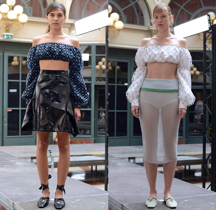 Jourden 2018 Spring Summer Womens Lookbook Presentation - Mode à Paris Fashion Week Mode Féminin France - Textures Embroidery Decorated Appliqués Pompoms Fringes Ruffles Flounce Sheer Chiffon Organza Tulle PVC Vinyl Pleather Mesh Fishnet Elastic Hem Lace Needlework Metallic Stripes Flowers Floral Outerwear Coat Crop Top Midriff Long Sleeve Blouse Shirt Strapless Open Shoulders One Shoulder Wrap Skirt Frock Miniskirt Gladiator Straps Flats Ballet Shoes