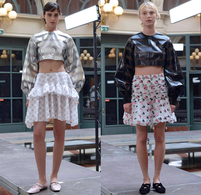 Jourden 2018 Spring Summer Womens Lookbook Presentation - Mode à Paris Fashion Week Mode Féminin France - Textures Embroidery Decorated Appliqués Pompoms Fringes Ruffles Flounce Sheer Chiffon Organza Tulle PVC Vinyl Pleather Mesh Fishnet Elastic Hem Lace Needlework Metallic Stripes Flowers Floral Outerwear Coat Crop Top Midriff Long Sleeve Blouse Shirt Strapless Open Shoulders One Shoulder Wrap Skirt Frock Miniskirt Gladiator Straps Flats Ballet Shoes