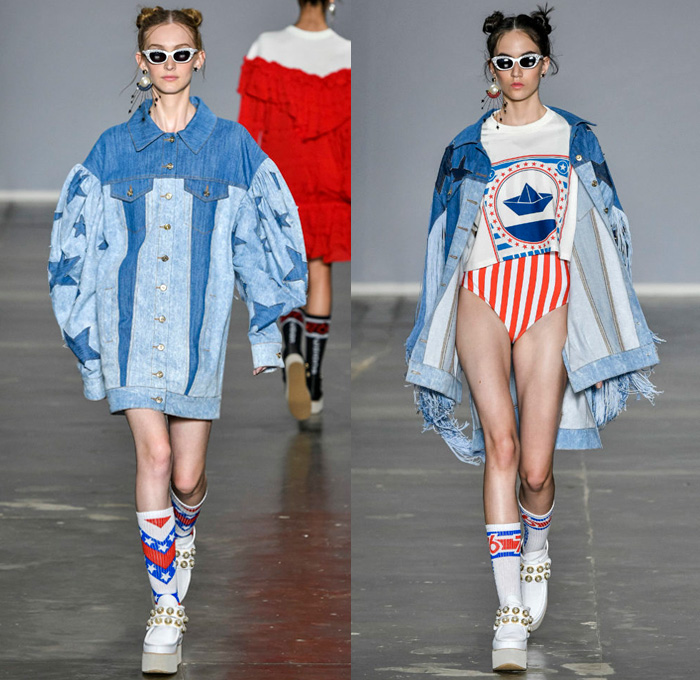 Juliana Jabour 2018 Summer Womens Runway Catwalk Looks - São Paulo Fashion Week N44 Verão 2018 Brasil Southern Hemisphere Moda Desfiles - Stars & Stripes Nautical Raver Crop Top Sweatshirt Parka Anorak Stripes Blouse Ruffles Leg O'Mutton Sleeves Dress Mesh Sheer Knit Crochet Turtleneck Silk Satin Asymmetrical Sweater One Shoulder Denim Jeans Jacketdress Swimsuit Destroyed Onesie Jumpsuit Bib Brace Tearaway Pants Wide Leg Palazzo Trousers Sunglasses Socks Sandals Platforms Rope Earrings Handbag