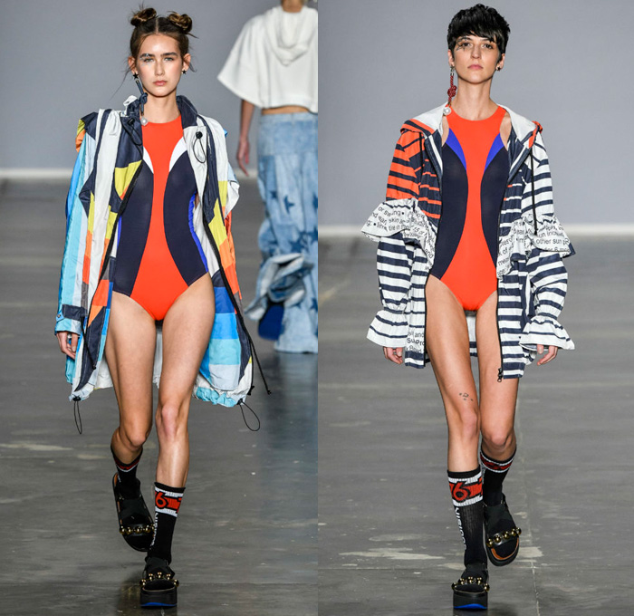 Juliana Jabour 2018 Summer Womens Runway Catwalk Looks - São Paulo Fashion Week N44 Verão 2018 Brasil Southern Hemisphere Moda Desfiles - Stars & Stripes Nautical Raver Crop Top Sweatshirt Parka Anorak Stripes Blouse Ruffles Leg O'Mutton Sleeves Dress Mesh Sheer Knit Crochet Turtleneck Silk Satin Asymmetrical Sweater One Shoulder Denim Jeans Jacketdress Swimsuit Destroyed Onesie Jumpsuit Bib Brace Tearaway Pants Wide Leg Palazzo Trousers Sunglasses Socks Sandals Platforms Rope Earrings Handbag