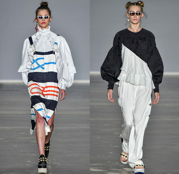 Juliana Jabour 2018 Summer Womens Runway Catwalk Looks - São Paulo Fashion Week N44 Verão 2018 Brasil Southern Hemisphere Moda Desfiles - Stars & Stripes Nautical Raver Crop Top Sweatshirt Parka Anorak Stripes Blouse Ruffles Leg O'Mutton Sleeves Dress Mesh Sheer Knit Crochet Turtleneck Silk Satin Asymmetrical Sweater One Shoulder Denim Jeans Jacketdress Swimsuit Destroyed Onesie Jumpsuit Bib Brace Tearaway Pants Wide Leg Palazzo Trousers Sunglasses Socks Sandals Platforms Rope Earrings Handbag