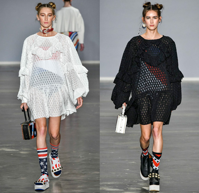 Juliana Jabour 2018 Summer Womens Runway Catwalk Looks - São Paulo Fashion Week N44 Verão 2018 Brasil Southern Hemisphere Moda Desfiles - Stars & Stripes Nautical Raver Crop Top Sweatshirt Parka Anorak Stripes Blouse Ruffles Leg O'Mutton Sleeves Dress Mesh Sheer Knit Crochet Turtleneck Silk Satin Asymmetrical Sweater One Shoulder Denim Jeans Jacketdress Swimsuit Destroyed Onesie Jumpsuit Bib Brace Tearaway Pants Wide Leg Palazzo Trousers Sunglasses Socks Sandals Platforms Rope Earrings Handbag