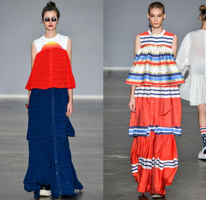 Juliana Jabour 2018 Summer Womens Runway Catwalk Looks - São Paulo Fashion Week N44 Verão 2018 Brasil Southern Hemisphere Moda Desfiles - Stars & Stripes Nautical Raver Crop Top Sweatshirt Parka Anorak Stripes Blouse Ruffles Leg O'Mutton Sleeves Dress Mesh Sheer Knit Crochet Turtleneck Silk Satin Asymmetrical Sweater One Shoulder Denim Jeans Jacketdress Swimsuit Destroyed Onesie Jumpsuit Bib Brace Tearaway Pants Wide Leg Palazzo Trousers Sunglasses Socks Sandals Platforms Rope Earrings Handbag