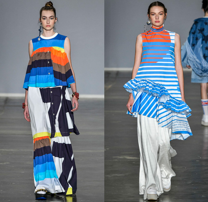 Juliana Jabour 2018 Summer Womens Runway Catwalk Looks - São Paulo Fashion Week N44 Verão 2018 Brasil Southern Hemisphere Moda Desfiles - Stars & Stripes Nautical Raver Crop Top Sweatshirt Parka Anorak Stripes Blouse Ruffles Leg O'Mutton Sleeves Dress Mesh Sheer Knit Crochet Turtleneck Silk Satin Asymmetrical Sweater One Shoulder Denim Jeans Jacketdress Swimsuit Destroyed Onesie Jumpsuit Bib Brace Tearaway Pants Wide Leg Palazzo Trousers Sunglasses Socks Sandals Platforms Rope Earrings Handbag