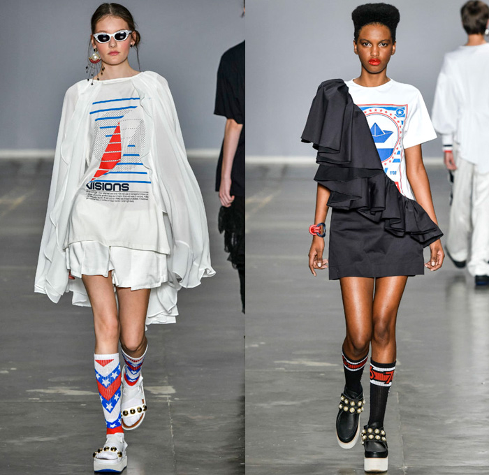 Juliana Jabour 2018 Summer Womens Runway Catwalk Looks - São Paulo Fashion Week N44 Verão 2018 Brasil Southern Hemisphere Moda Desfiles - Stars & Stripes Nautical Raver Crop Top Sweatshirt Parka Anorak Stripes Blouse Ruffles Leg O'Mutton Sleeves Dress Mesh Sheer Knit Crochet Turtleneck Silk Satin Asymmetrical Sweater One Shoulder Denim Jeans Jacketdress Swimsuit Destroyed Onesie Jumpsuit Bib Brace Tearaway Pants Wide Leg Palazzo Trousers Sunglasses Socks Sandals Platforms Rope Earrings Handbag