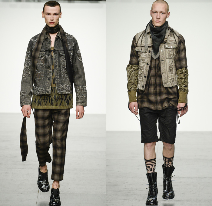 KTZ 2018 Spring Summer Mens Runway Catwalk Looks Marjan Pejoski - London Fashion Week Mens British Fashion Council UK United Kingdom - Stapled Chainmail Chainlink Soda Can Tabs Runes Lettering Plaid Tartan Check Mesh Fishnet Cinch Drawstring Fringes Decorated Appliqués Bedazzled Hardware Metal Clips Denim Jeans Frayed Raw Hem Distressed Vintage Emblems Patches Sleeveless Vest Waistcoat Gilet Motorcycle Biker Rider Moto Vest Hood Sweatshirt Long Sleeve Shirt Outerwear Blazer Bomber Jacket Trench Closures Buttons Quilted Waffle Puffer Parka Coat Poncho Pants Trousers Shorts Cargo Pockets Scarf Paint Splatter Leather Boots Stocking Socks Gloves Cap Streetwear