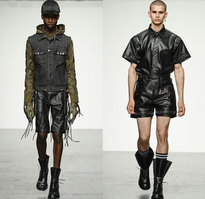 KTZ 2018 Spring Summer Mens Runway Catwalk Looks Marjan Pejoski - London Fashion Week Mens British Fashion Council UK United Kingdom - Stapled Chainmail Chainlink Soda Can Tabs Runes Lettering Plaid Tartan Check Mesh Fishnet Cinch Drawstring Fringes Decorated Appliqués Bedazzled Hardware Metal Clips Denim Jeans Frayed Raw Hem Distressed Vintage Emblems Patches Sleeveless Vest Waistcoat Gilet Motorcycle Biker Rider Moto Vest Hood Sweatshirt Long Sleeve Shirt Outerwear Blazer Bomber Jacket Trench Closures Buttons Quilted Waffle Puffer Parka Coat Poncho Pants Trousers Shorts Cargo Pockets Scarf Paint Splatter Leather Boots Stocking Socks Gloves Cap Streetwear