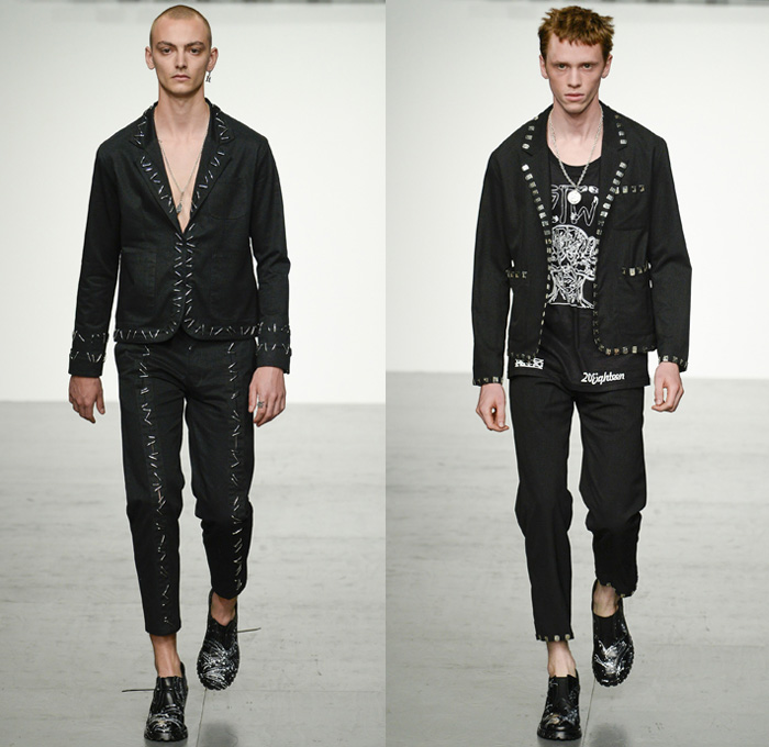 KTZ 2018 Spring Summer Mens Runway Catwalk Looks Marjan Pejoski - London Fashion Week Mens British Fashion Council UK United Kingdom - Stapled Chainmail Chainlink Soda Can Tabs Runes Lettering Plaid Tartan Check Mesh Fishnet Cinch Drawstring Fringes Decorated Appliqués Bedazzled Hardware Metal Clips Denim Jeans Frayed Raw Hem Distressed Vintage Emblems Patches Sleeveless Vest Waistcoat Gilet Motorcycle Biker Rider Moto Vest Hood Sweatshirt Long Sleeve Shirt Outerwear Blazer Bomber Jacket Trench Closures Buttons Quilted Waffle Puffer Parka Coat Poncho Pants Trousers Shorts Cargo Pockets Scarf Paint Splatter Leather Boots Stocking Socks Gloves Cap Streetwear