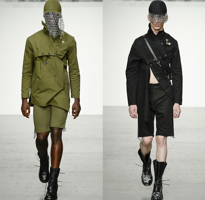 KTZ 2018 Spring Summer Mens Runway Catwalk Looks Marjan Pejoski - London Fashion Week Mens British Fashion Council UK United Kingdom - Stapled Chainmail Chainlink Soda Can Tabs Runes Lettering Plaid Tartan Check Mesh Fishnet Cinch Drawstring Fringes Decorated Appliqués Bedazzled Hardware Metal Clips Denim Jeans Frayed Raw Hem Distressed Vintage Emblems Patches Sleeveless Vest Waistcoat Gilet Motorcycle Biker Rider Moto Vest Hood Sweatshirt Long Sleeve Shirt Outerwear Blazer Bomber Jacket Trench Closures Buttons Quilted Waffle Puffer Parka Coat Poncho Pants Trousers Shorts Cargo Pockets Scarf Paint Splatter Leather Boots Stocking Socks Gloves Cap Streetwear