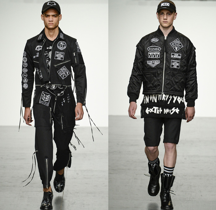 KTZ 2018 Spring Summer Mens Runway Catwalk Looks Marjan Pejoski - London Fashion Week Mens British Fashion Council UK United Kingdom - Stapled Chainmail Chainlink Soda Can Tabs Runes Lettering Plaid Tartan Check Mesh Fishnet Cinch Drawstring Fringes Decorated Appliqués Bedazzled Hardware Metal Clips Denim Jeans Frayed Raw Hem Distressed Vintage Emblems Patches Sleeveless Vest Waistcoat Gilet Motorcycle Biker Rider Moto Vest Hood Sweatshirt Long Sleeve Shirt Outerwear Blazer Bomber Jacket Trench Closures Buttons Quilted Waffle Puffer Parka Coat Poncho Pants Trousers Shorts Cargo Pockets Scarf Paint Splatter Leather Boots Stocking Socks Gloves Cap Streetwear