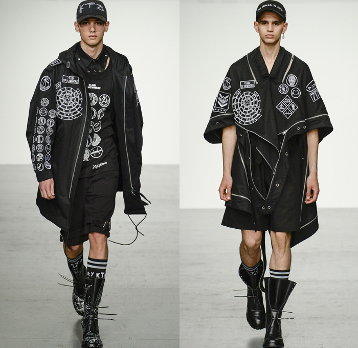 KTZ 2018 Spring Summer Mens Runway Catwalk Looks Marjan Pejoski - London Fashion Week Mens British Fashion Council UK United Kingdom - Stapled Chainmail Chainlink Soda Can Tabs Runes Lettering Plaid Tartan Check Mesh Fishnet Cinch Drawstring Fringes Decorated Appliqués Bedazzled Hardware Metal Clips Denim Jeans Frayed Raw Hem Distressed Vintage Emblems Patches Sleeveless Vest Waistcoat Gilet Motorcycle Biker Rider Moto Vest Hood Sweatshirt Long Sleeve Shirt Outerwear Blazer Bomber Jacket Trench Closures Buttons Quilted Waffle Puffer Parka Coat Poncho Pants Trousers Shorts Cargo Pockets Scarf Paint Splatter Leather Boots Stocking Socks Gloves Cap Streetwear