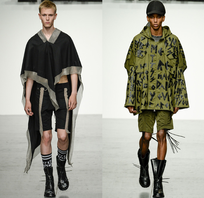 KTZ 2018 Spring Summer Mens Runway Catwalk Looks Marjan Pejoski - London Fashion Week Mens British Fashion Council UK United Kingdom - Stapled Chainmail Chainlink Soda Can Tabs Runes Lettering Plaid Tartan Check Mesh Fishnet Cinch Drawstring Fringes Decorated Appliqués Bedazzled Hardware Metal Clips Denim Jeans Frayed Raw Hem Distressed Vintage Emblems Patches Sleeveless Vest Waistcoat Gilet Motorcycle Biker Rider Moto Vest Hood Sweatshirt Long Sleeve Shirt Outerwear Blazer Bomber Jacket Trench Closures Buttons Quilted Waffle Puffer Parka Coat Poncho Pants Trousers Shorts Cargo Pockets Scarf Paint Splatter Leather Boots Stocking Socks Gloves Cap Streetwear