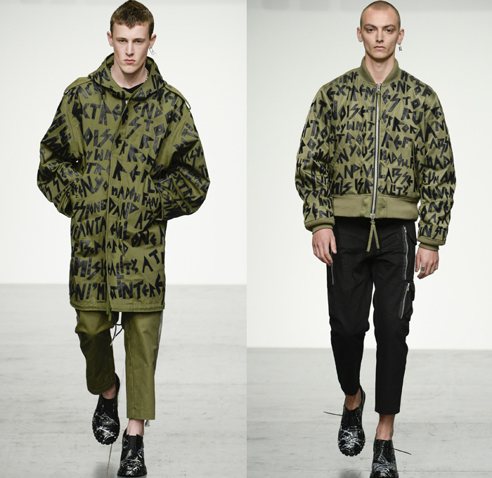 KTZ 2018 Spring Summer Mens Runway Catwalk Looks Marjan Pejoski - London Fashion Week Mens British Fashion Council UK United Kingdom - Stapled Chainmail Chainlink Soda Can Tabs Runes Lettering Plaid Tartan Check Mesh Fishnet Cinch Drawstring Fringes Decorated Appliqués Bedazzled Hardware Metal Clips Denim Jeans Frayed Raw Hem Distressed Vintage Emblems Patches Sleeveless Vest Waistcoat Gilet Motorcycle Biker Rider Moto Vest Hood Sweatshirt Long Sleeve Shirt Outerwear Blazer Bomber Jacket Trench Closures Buttons Quilted Waffle Puffer Parka Coat Poncho Pants Trousers Shorts Cargo Pockets Scarf Paint Splatter Leather Boots Stocking Socks Gloves Cap Streetwear