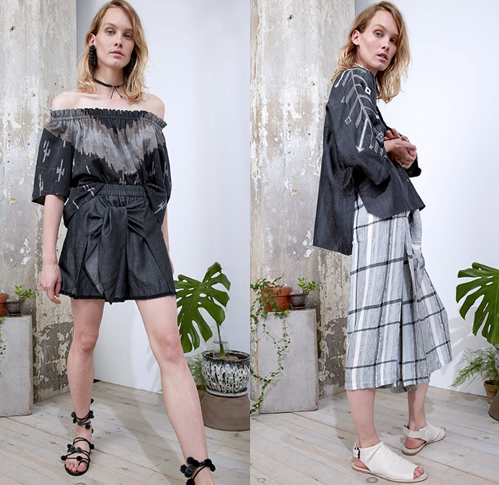 Laura Siegel 2018 Spring Summer Womens Lookbook Presentation - New York Fashion Week NYFW - Denim Jeans Blouse Lightweight Chambray Ombre Tie Up Waist Wide Sleeves One Shoulder Ornamental Decorative Art Tribal Ethnic Cross Cactus Drapery Pleats Wrap Strapless Ruffles Dip Dye Poncho Cloak Halterneck Knit Crochet Basketweave Sweater Check Stripes Squares Threads Fringes Tassels Cutout Shoulders Skirt Frock Wide Leg Palazzo Pants Linen Shorts Mules Straw Hat Slippers Sandals Choker Pompoms