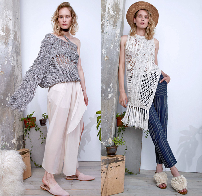 Laura Siegel 2018 Spring Summer Womens Lookbook Presentation - New York Fashion Week NYFW - Denim Jeans Blouse Lightweight Chambray Ombre Tie Up Waist Wide Sleeves One Shoulder Ornamental Decorative Art Tribal Ethnic Cross Cactus Drapery Pleats Wrap Strapless Ruffles Dip Dye Poncho Cloak Halterneck Knit Crochet Basketweave Sweater Check Stripes Squares Threads Fringes Tassels Cutout Shoulders Skirt Frock Wide Leg Palazzo Pants Linen Shorts Mules Straw Hat Slippers Sandals Choker Pompoms