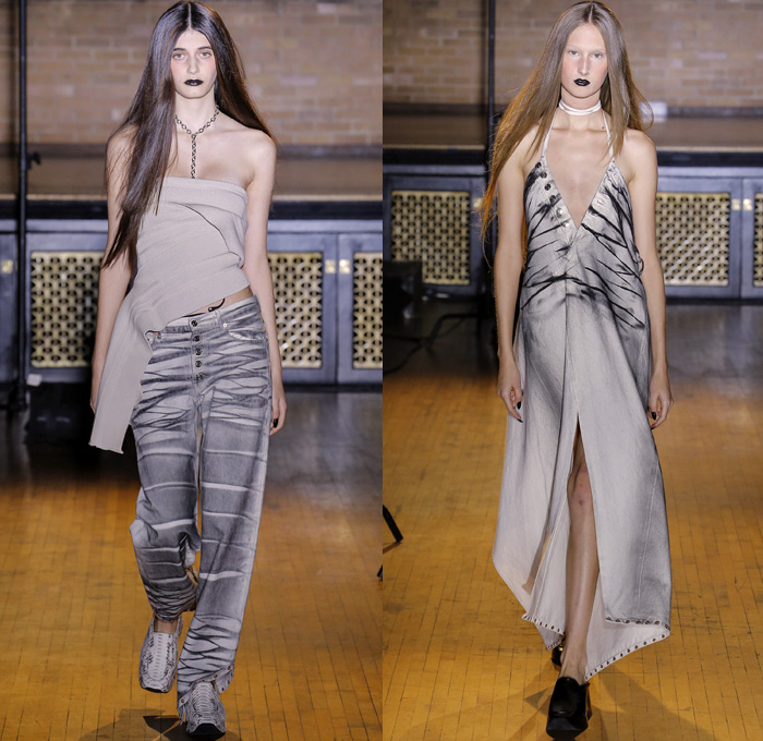 Linder 2018 Spring Summer Womens Runway Catwalk Looks - New York Fashion Week NYFW - Deconstructed Dip-dye Metallic Studs High Slit Denim Jeans Skirt Creases Wrinkles One Shoulder Crop Top Midriff Bandeau Vest Swimwear Bikini Mummy Wrap Bandage Strapless Halterneck Eyes Graphic Curved Hem Miniskirt Pinstripe Cutout Shoulders Jacket Western Guns Leather Maxi Dress Handkerchief Hem Weave Chain Necklace Trainers Bandanna Headscarf Sunglasses Shades Hat Skullcap