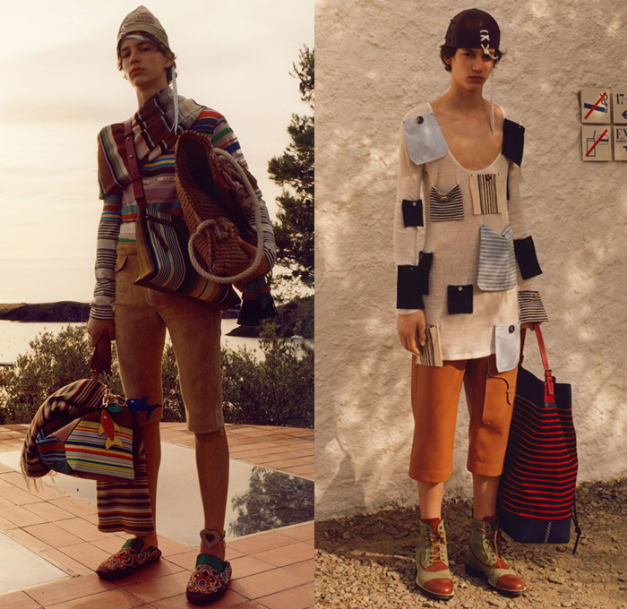 Loewe Madrid Spain 2018 Spring Summer Mens Lookbook Presentation - Mode à Paris Fashion Week Mode Masculine France - Ornamental Decorative Art Tribal Ethnic Folk Cutout Hem Stripes Egyptian Embroidery Fringes Beads Tassels Patches Outerwear Trench Coat Blazer Jacket Long Sleeve Shirt Shawl Sleeveless Vest Waistcoat Turtleneck Sweater Jumper Denim Jeans Cutoffs Shorts Cargo Pockets Trousers Slacks Cropped Pants Roll Up Cuffs Lace Up Cone Hat Messenger Bag Handbag Tote Slip-ons Rope Basket Backpack Monk Strap Brogues Boots Baseball Cap