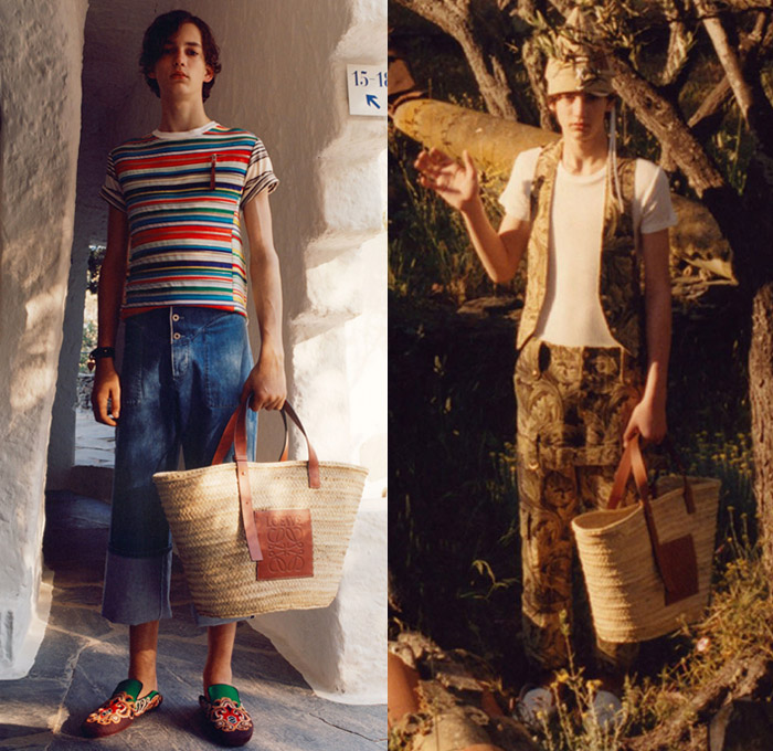 Loewe Madrid Spain 2018 Spring Summer Mens Lookbook Presentation - Mode à Paris Fashion Week Mode Masculine France - Ornamental Decorative Art Tribal Ethnic Folk Cutout Hem Stripes Egyptian Embroidery Fringes Beads Tassels Patches Outerwear Trench Coat Blazer Jacket Long Sleeve Shirt Shawl Sleeveless Vest Waistcoat Turtleneck Sweater Jumper Denim Jeans Cutoffs Shorts Cargo Pockets Trousers Slacks Cropped Pants Roll Up Cuffs Lace Up Cone Hat Messenger Bag Handbag Tote Slip-ons Rope Basket Backpack Monk Strap Brogues Boots Baseball Cap