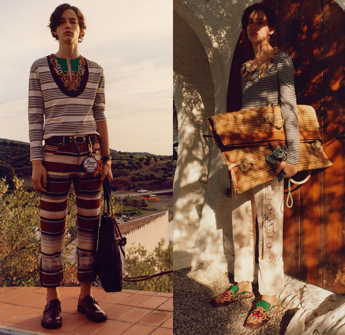 Loewe Madrid Spain 2018 Spring Summer Mens Lookbook Presentation - Mode à Paris Fashion Week Mode Masculine France - Ornamental Decorative Art Tribal Ethnic Folk Cutout Hem Stripes Egyptian Embroidery Fringes Beads Tassels Patches Outerwear Trench Coat Blazer Jacket Long Sleeve Shirt Shawl Sleeveless Vest Waistcoat Turtleneck Sweater Jumper Denim Jeans Cutoffs Shorts Cargo Pockets Trousers Slacks Cropped Pants Roll Up Cuffs Lace Up Cone Hat Messenger Bag Handbag Tote Slip-ons Rope Basket Backpack Monk Strap Brogues Boots Baseball Cap