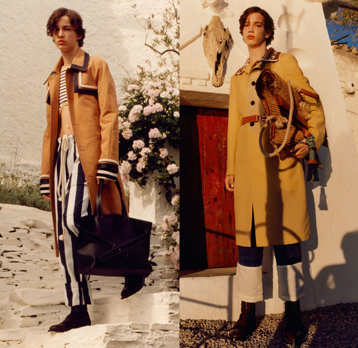 Loewe Madrid Spain 2018 Spring Summer Mens Lookbook Presentation - Mode à Paris Fashion Week Mode Masculine France - Ornamental Decorative Art Tribal Ethnic Folk Cutout Hem Stripes Egyptian Embroidery Fringes Beads Tassels Patches Outerwear Trench Coat Blazer Jacket Long Sleeve Shirt Shawl Sleeveless Vest Waistcoat Turtleneck Sweater Jumper Denim Jeans Cutoffs Shorts Cargo Pockets Trousers Slacks Cropped Pants Roll Up Cuffs Lace Up Cone Hat Messenger Bag Handbag Tote Slip-ons Rope Basket Backpack Monk Strap Brogues Boots Baseball Cap