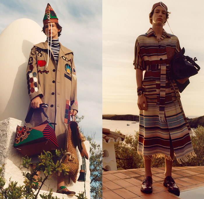 Loewe Madrid Spain 2018 Spring Summer Mens Lookbook Presentation - Mode à Paris Fashion Week Mode Masculine France - Ornamental Decorative Art Tribal Ethnic Folk Cutout Hem Stripes Egyptian Embroidery Fringes Beads Tassels Patches Outerwear Trench Coat Blazer Jacket Long Sleeve Shirt Shawl Sleeveless Vest Waistcoat Turtleneck Sweater Jumper Denim Jeans Cutoffs Shorts Cargo Pockets Trousers Slacks Cropped Pants Roll Up Cuffs Lace Up Cone Hat Messenger Bag Handbag Tote Slip-ons Rope Basket Backpack Monk Strap Brogues Boots Baseball Cap