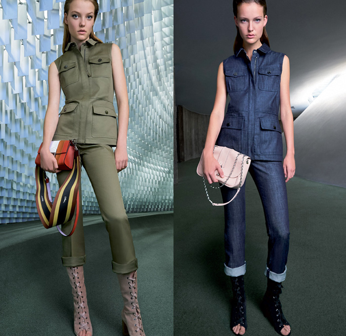 Longchamp 2018 Spring Summer Womens Lookbook Presentation - Mode à Paris Fashion Week Mode Féminin France - Art Deco Geometric Prism Polygon Outerwear Trench Coat Shawl Suede Safari Jacket Vest Waistcoat Cargo Pockets Paillettes Decorated Fringes Stripes Long Sleeve Blouse Shirt Silk Satin Tassels Zigzag Sheer Chiffon Tulle Polka Dots Denim Jeans Dress Miniskirt Shorts Lace Up Gladiator Boots Peep Open Toe Clogs Espadrilles Sandals Gold Metallic Sunglasses Shades Wide Strap Handbag Weave