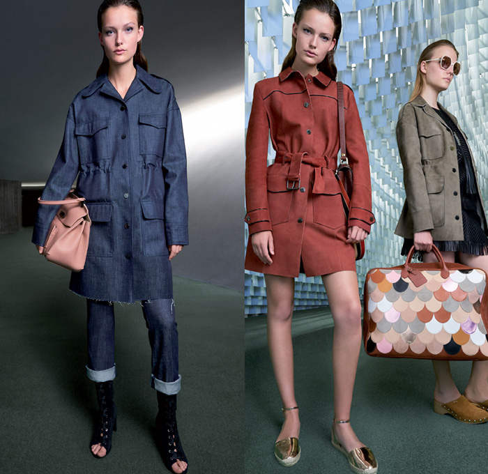 Longchamp 2018 Spring Summer Womens Lookbook Presentation - Mode à Paris Fashion Week Mode Féminin France - Art Deco Geometric Prism Polygon Outerwear Trench Coat Shawl Suede Safari Jacket Vest Waistcoat Cargo Pockets Paillettes Decorated Fringes Stripes Long Sleeve Blouse Shirt Silk Satin Tassels Zigzag Sheer Chiffon Tulle Polka Dots Denim Jeans Dress Miniskirt Shorts Lace Up Gladiator Boots Peep Open Toe Clogs Espadrilles Sandals Gold Metallic Sunglasses Shades Wide Strap Handbag Weave