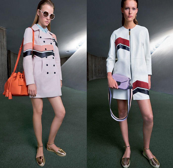 Longchamp 2018 Spring Summer Womens Lookbook Presentation - Mode à Paris Fashion Week Mode Féminin France - Art Deco Geometric Prism Polygon Outerwear Trench Coat Shawl Suede Safari Jacket Vest Waistcoat Cargo Pockets Paillettes Decorated Fringes Stripes Long Sleeve Blouse Shirt Silk Satin Tassels Zigzag Sheer Chiffon Tulle Polka Dots Denim Jeans Dress Miniskirt Shorts Lace Up Gladiator Boots Peep Open Toe Clogs Espadrilles Sandals Gold Metallic Sunglasses Shades Wide Strap Handbag Weave