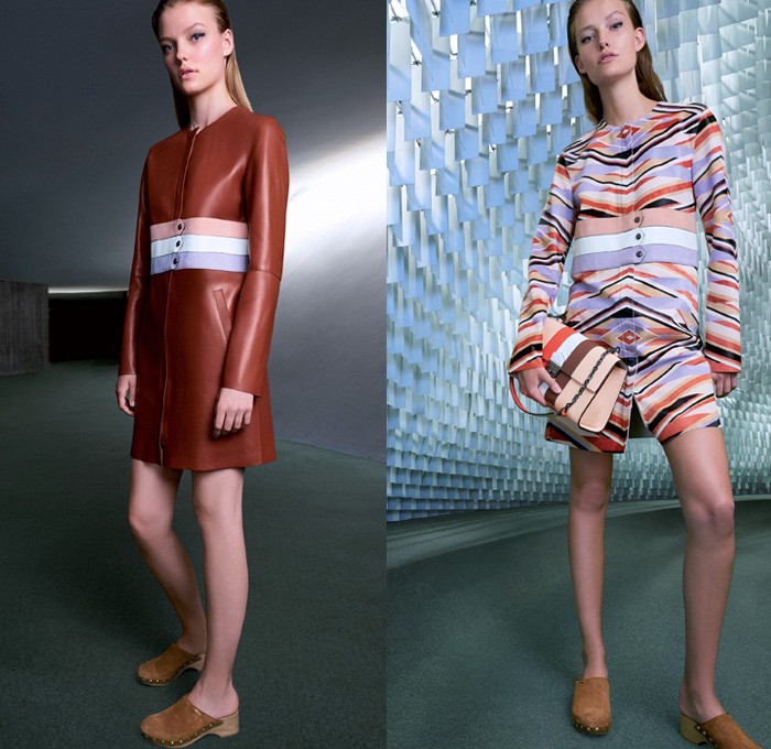 Longchamp 2018 Spring Summer Womens Lookbook Presentation - Mode à Paris Fashion Week Mode Féminin France - Art Deco Geometric Prism Polygon Outerwear Trench Coat Shawl Suede Safari Jacket Vest Waistcoat Cargo Pockets Paillettes Decorated Fringes Stripes Long Sleeve Blouse Shirt Silk Satin Tassels Zigzag Sheer Chiffon Tulle Polka Dots Denim Jeans Dress Miniskirt Shorts Lace Up Gladiator Boots Peep Open Toe Clogs Espadrilles Sandals Gold Metallic Sunglasses Shades Wide Strap Handbag Weave