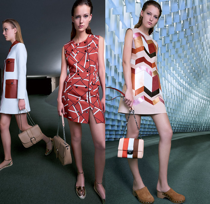 Longchamp 2018 Spring Summer Womens Lookbook Presentation - Mode à Paris Fashion Week Mode Féminin France - Art Deco Geometric Prism Polygon Outerwear Trench Coat Shawl Suede Safari Jacket Vest Waistcoat Cargo Pockets Paillettes Decorated Fringes Stripes Long Sleeve Blouse Shirt Silk Satin Tassels Zigzag Sheer Chiffon Tulle Polka Dots Denim Jeans Dress Miniskirt Shorts Lace Up Gladiator Boots Peep Open Toe Clogs Espadrilles Sandals Gold Metallic Sunglasses Shades Wide Strap Handbag Weave