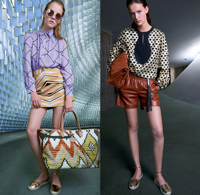 Longchamp 2018 Spring Summer Womens Lookbook Presentation - Mode à Paris Fashion Week Mode Féminin France - Art Deco Geometric Prism Polygon Outerwear Trench Coat Shawl Suede Safari Jacket Vest Waistcoat Cargo Pockets Paillettes Decorated Fringes Stripes Long Sleeve Blouse Shirt Silk Satin Tassels Zigzag Sheer Chiffon Tulle Polka Dots Denim Jeans Dress Miniskirt Shorts Lace Up Gladiator Boots Peep Open Toe Clogs Espadrilles Sandals Gold Metallic Sunglasses Shades Wide Strap Handbag Weave