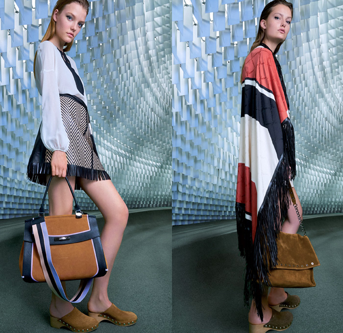 Longchamp 2018 Spring Summer Womens Lookbook Presentation - Mode à Paris Fashion Week Mode Féminin France - Art Deco Geometric Prism Polygon Outerwear Trench Coat Shawl Suede Safari Jacket Vest Waistcoat Cargo Pockets Paillettes Decorated Fringes Stripes Long Sleeve Blouse Shirt Silk Satin Tassels Zigzag Sheer Chiffon Tulle Polka Dots Denim Jeans Dress Miniskirt Shorts Lace Up Gladiator Boots Peep Open Toe Clogs Espadrilles Sandals Gold Metallic Sunglasses Shades Wide Strap Handbag Weave